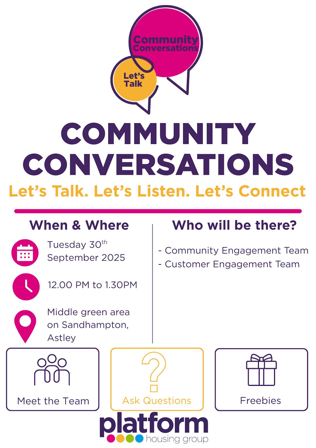 Community Conversation poster, Sandhampton, Astley on Tuesday 30th September, 12pm till 1.30pm