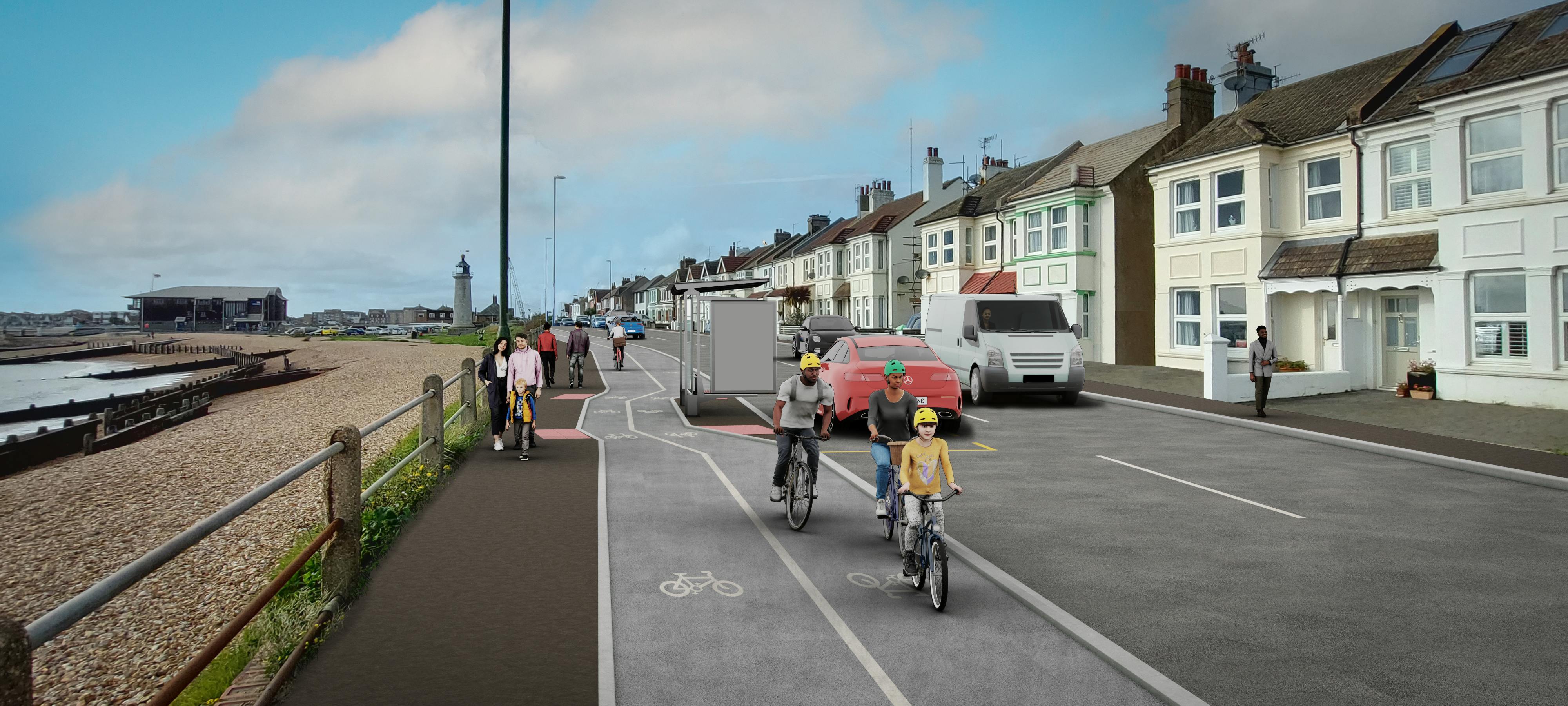 Computer generated image of cycling and walking improvements A259 Shoreham to Brighton