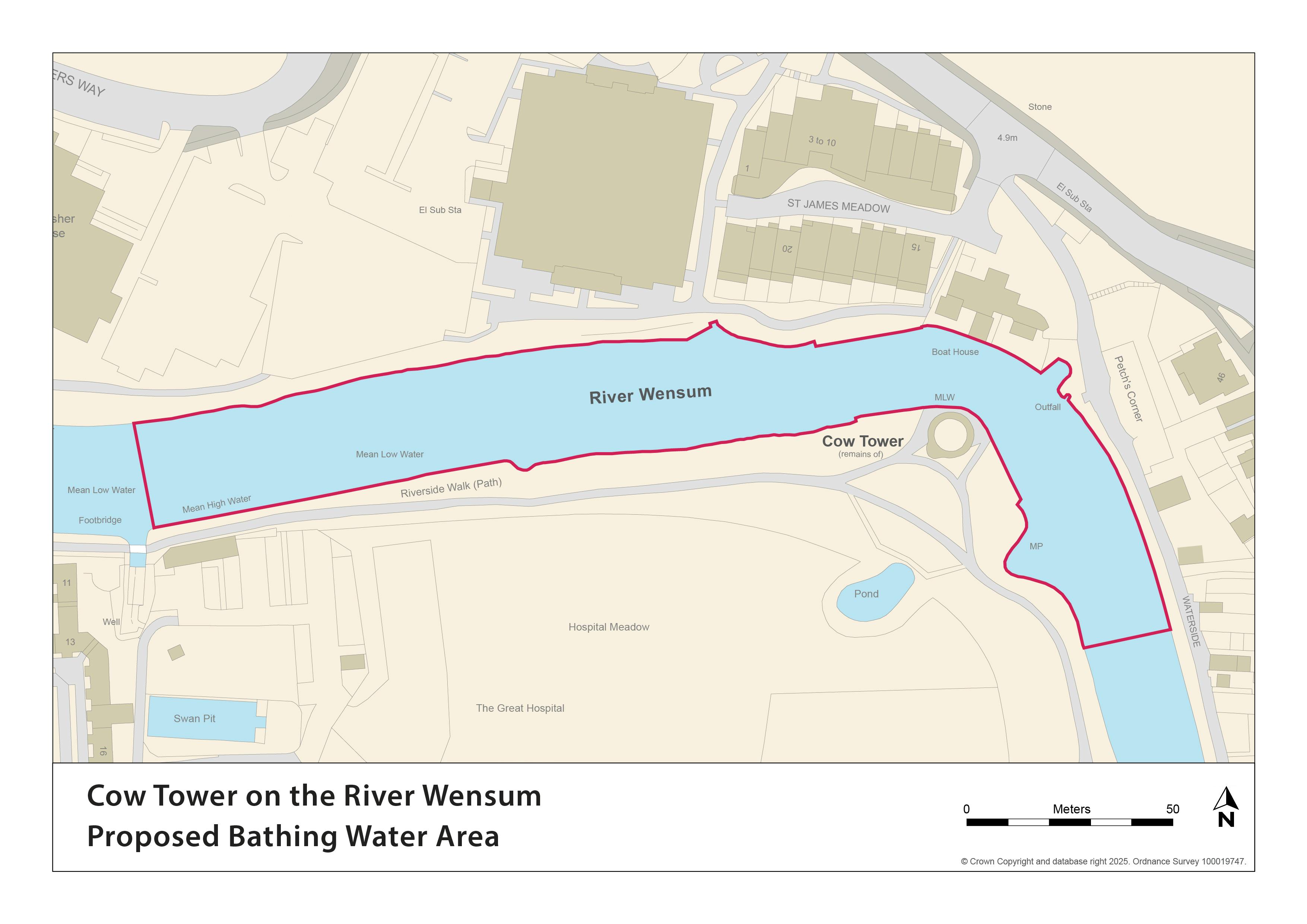 Map showing the proposed area of the River Wensum applying for Designated Bathing Water Status. A red line outlines the section of river starting at the entry point near Cow Tower and running downstream towards the well.