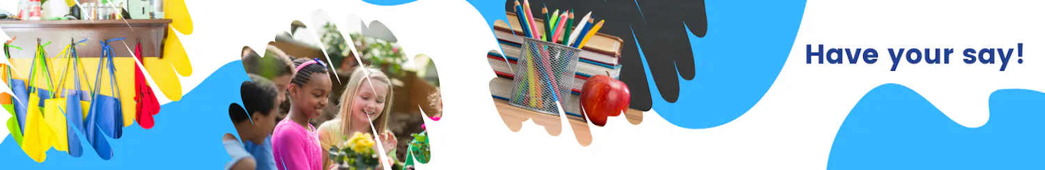 Aprons on a peg, children in a garden looking at flowers, a stack of books, pencils and an apple