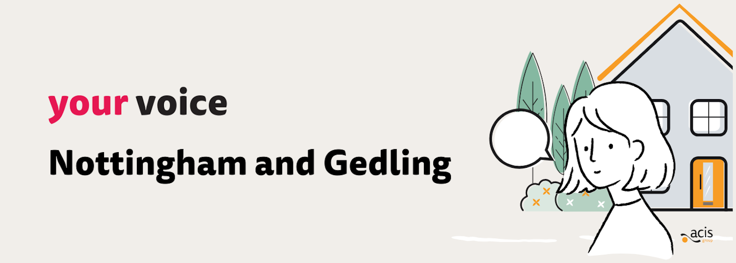 Your Voice Nottingham and Gedling with a drawing of a woman in front of a house