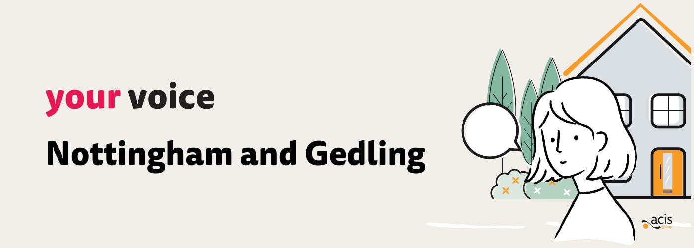 Your Voice Nottingham and Gedling with a drawing of a woman in front of a house