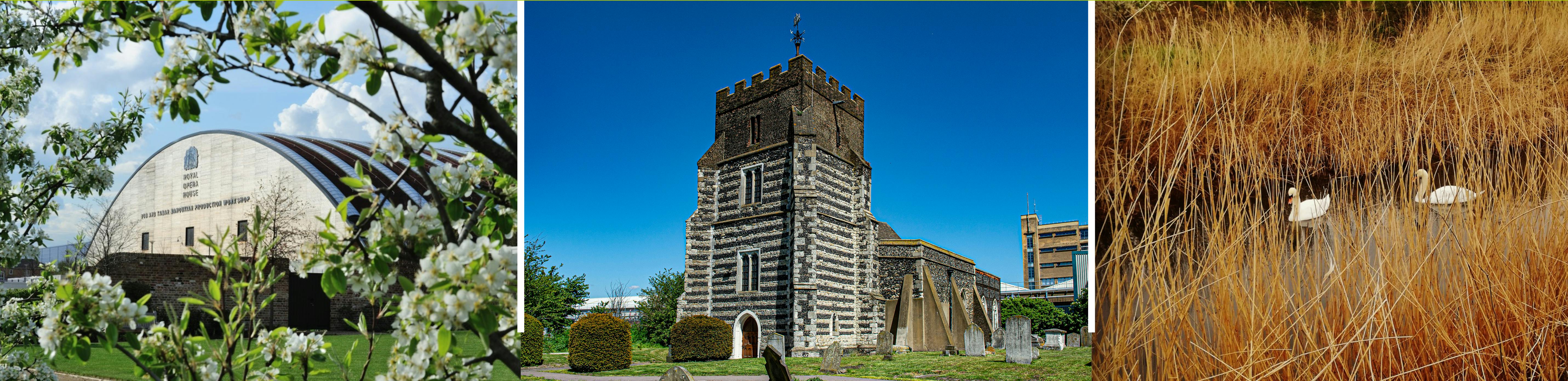 Three photos arranged side by side with views taken from Purfleet-on-Thames and West Thurrock.  One of the Royal Opera House, another of St Clements Church and two swans swimming on the marshes