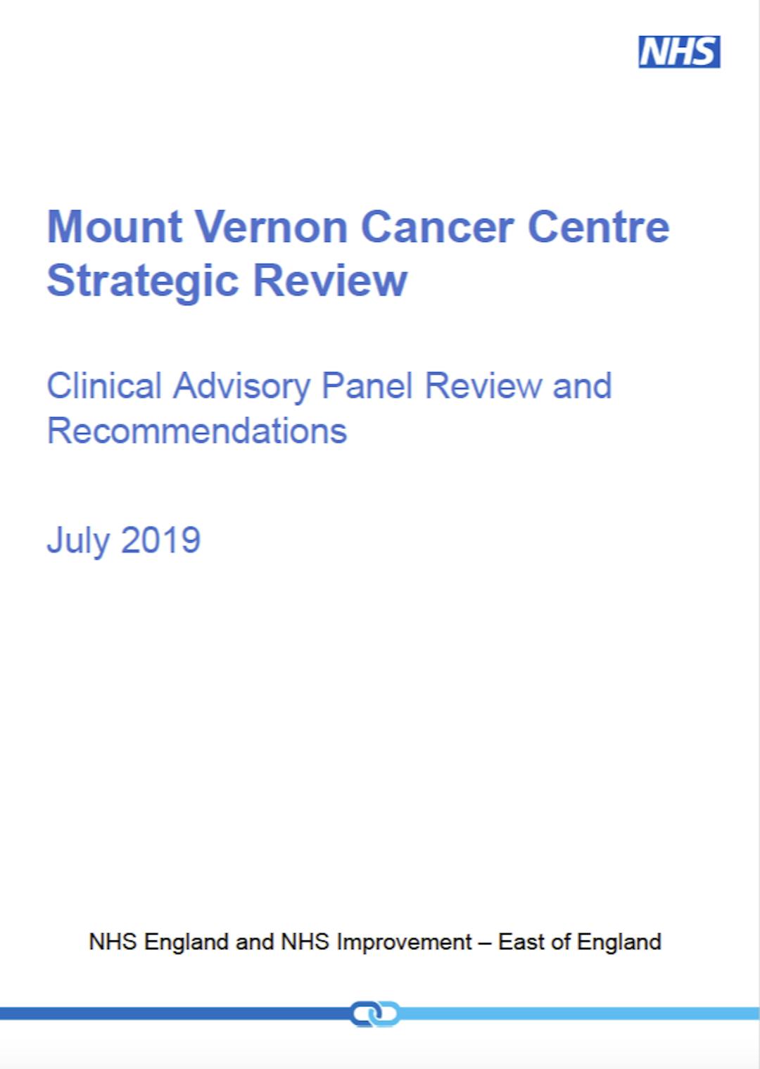 Image of the Mount Vernon Cancer Centre strategic review cover