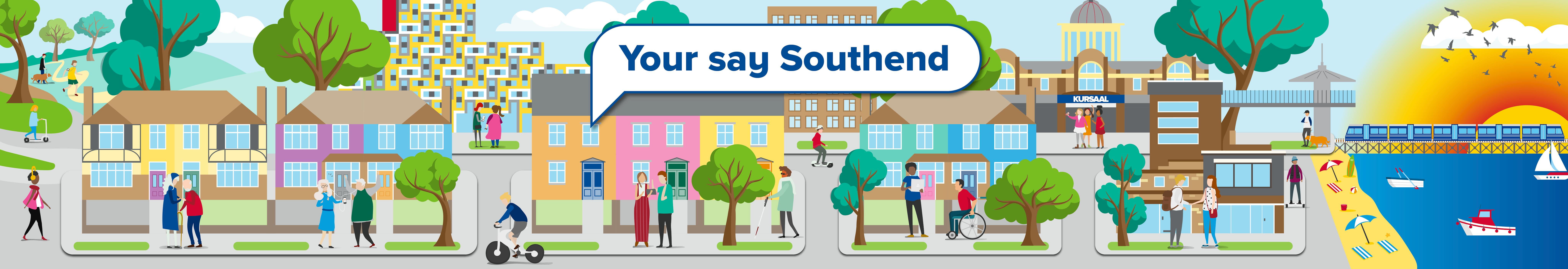 Your Say Southend illustration showing people standing outside their houses, riding a bike, walking with friends and the sun setting over the beach