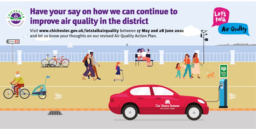 Picture shows a car driving along the road next to a beach front and says 'Have your say on how we can continue to improve air quality in the district