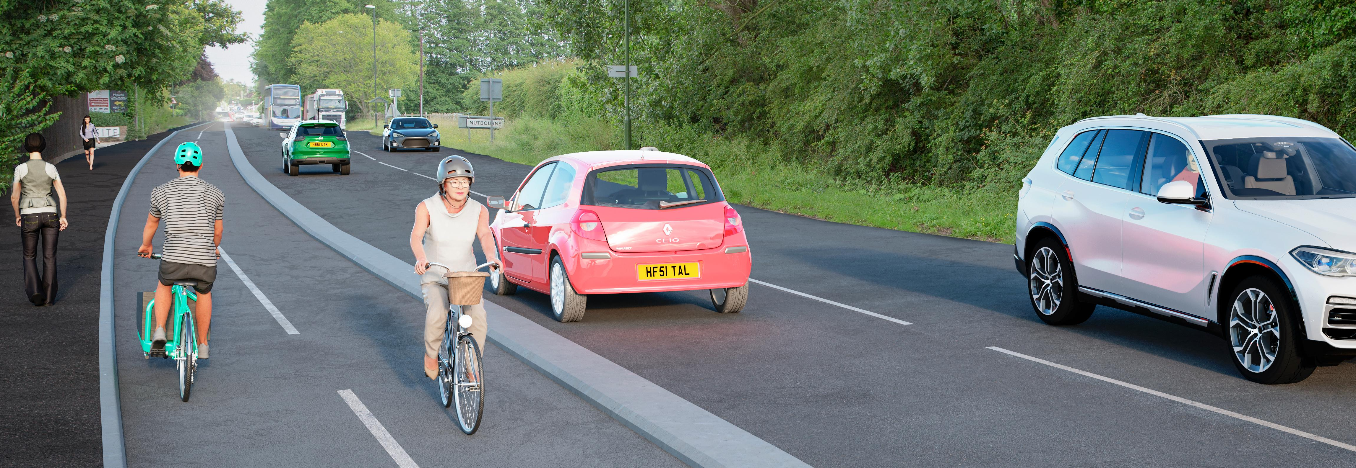 Walkers and cyclists illustrated using proposed new infrastructure on A259 Chichester to Emsworth