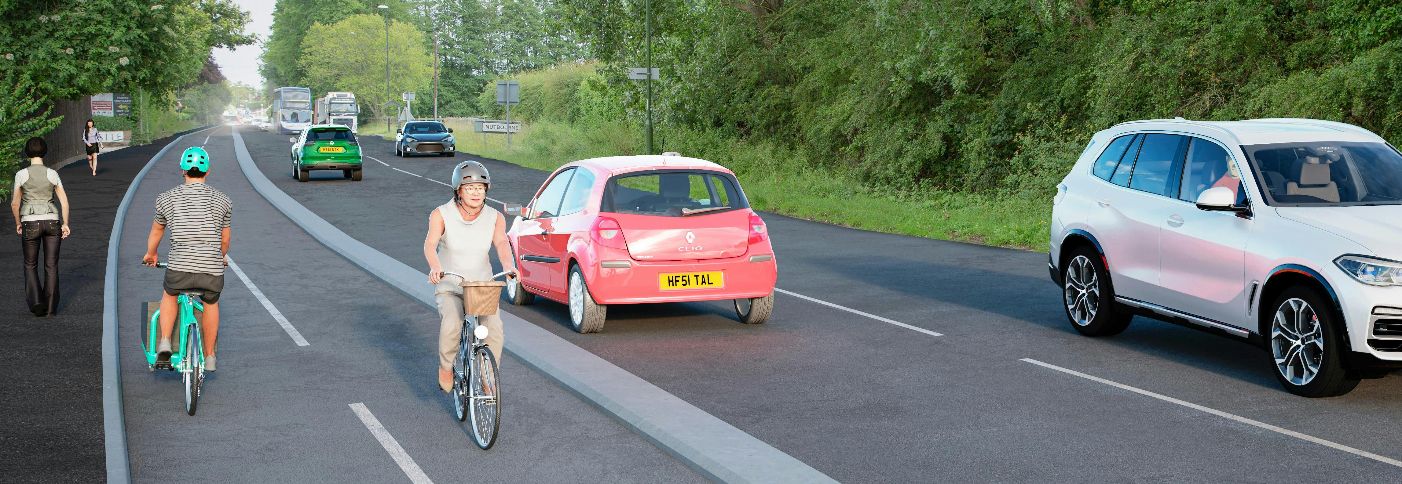 Walkers and cyclists illustrated using proposed new infrastructure on A259 Chichester to Emsworth