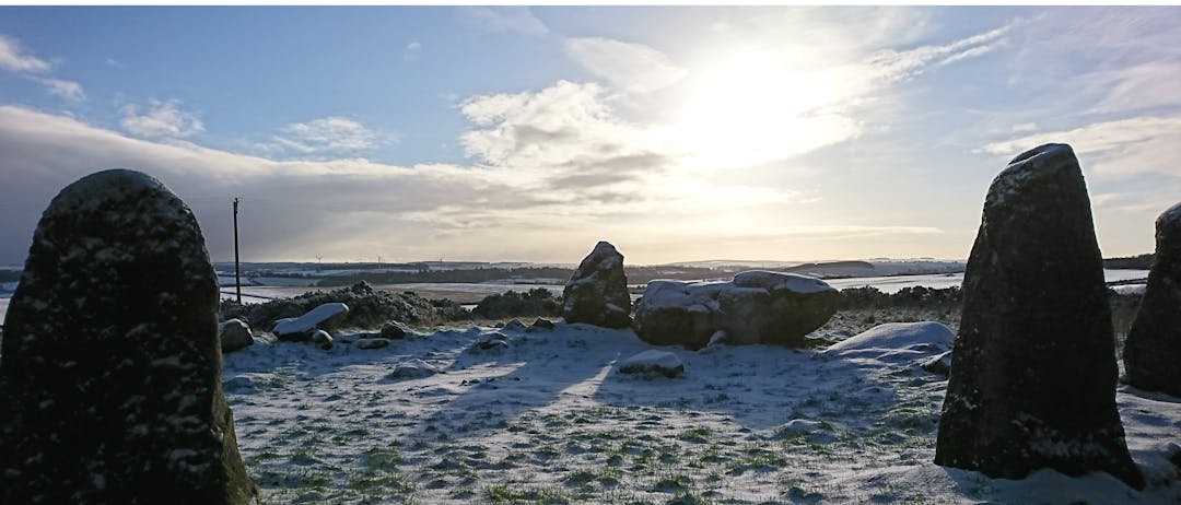 View of Aikey Brae stone circle in the snow