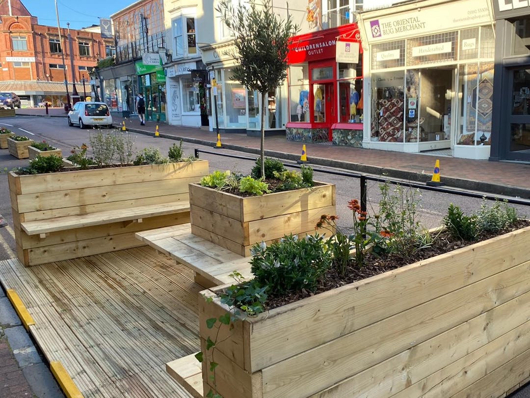 Wooden parklet at the Northern end of the High Street