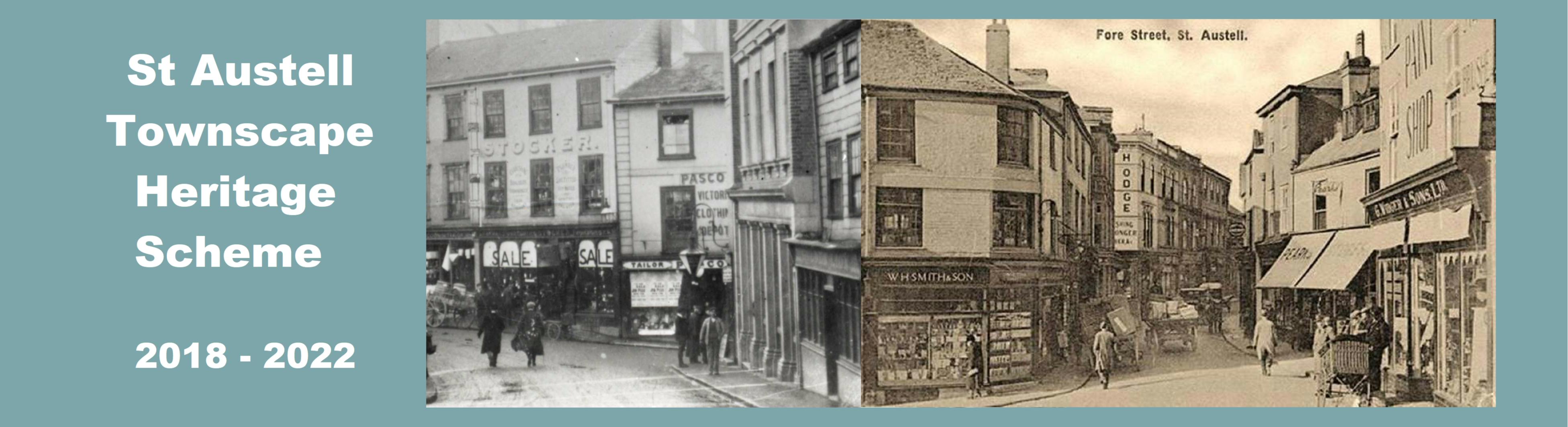 'St Austell Townscape Heritage Scheme 2018-20221. Black & white photo, left: Church Street. Sepia photo, right: Fore Street.