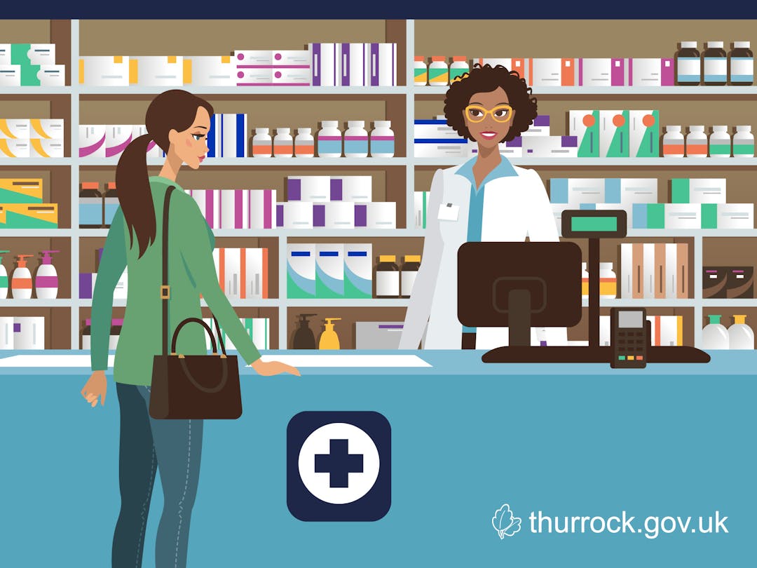 A cartoon image of a woman at a pharmacy counter