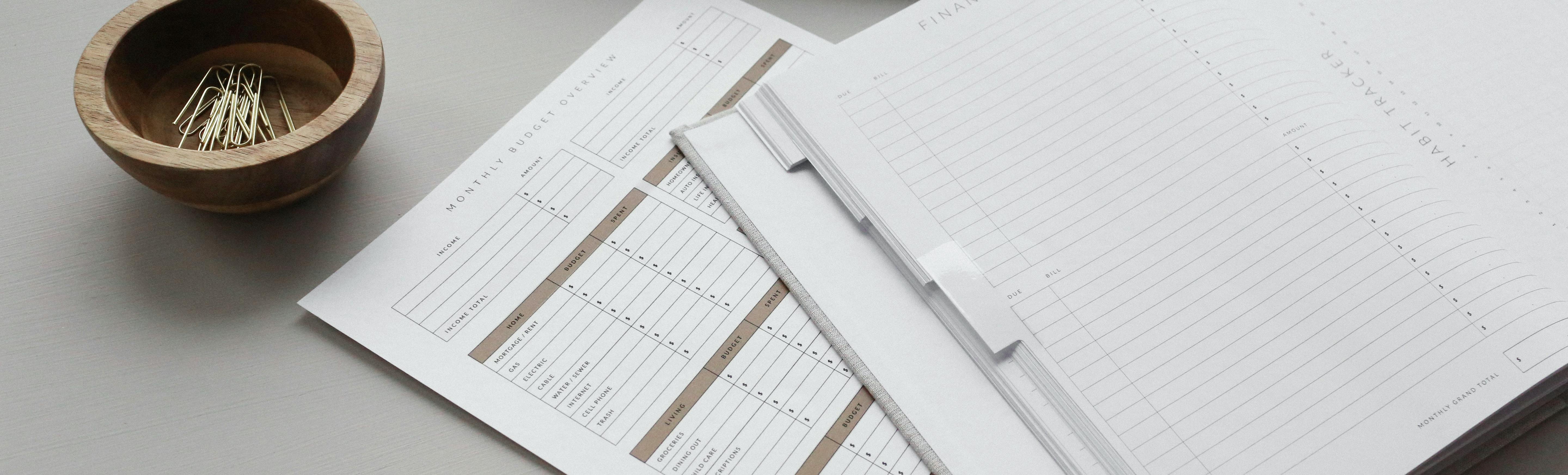 An image of a budget book, paperwork and paperclips