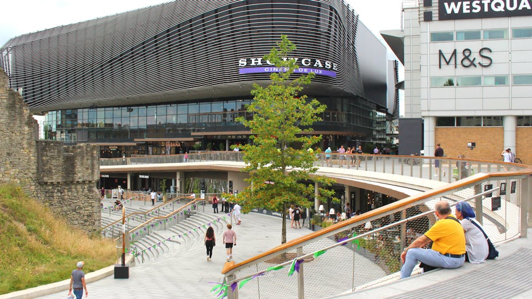 View of West Quay shopping centre showing the Showcase, Marks and Spencers and the town walls.