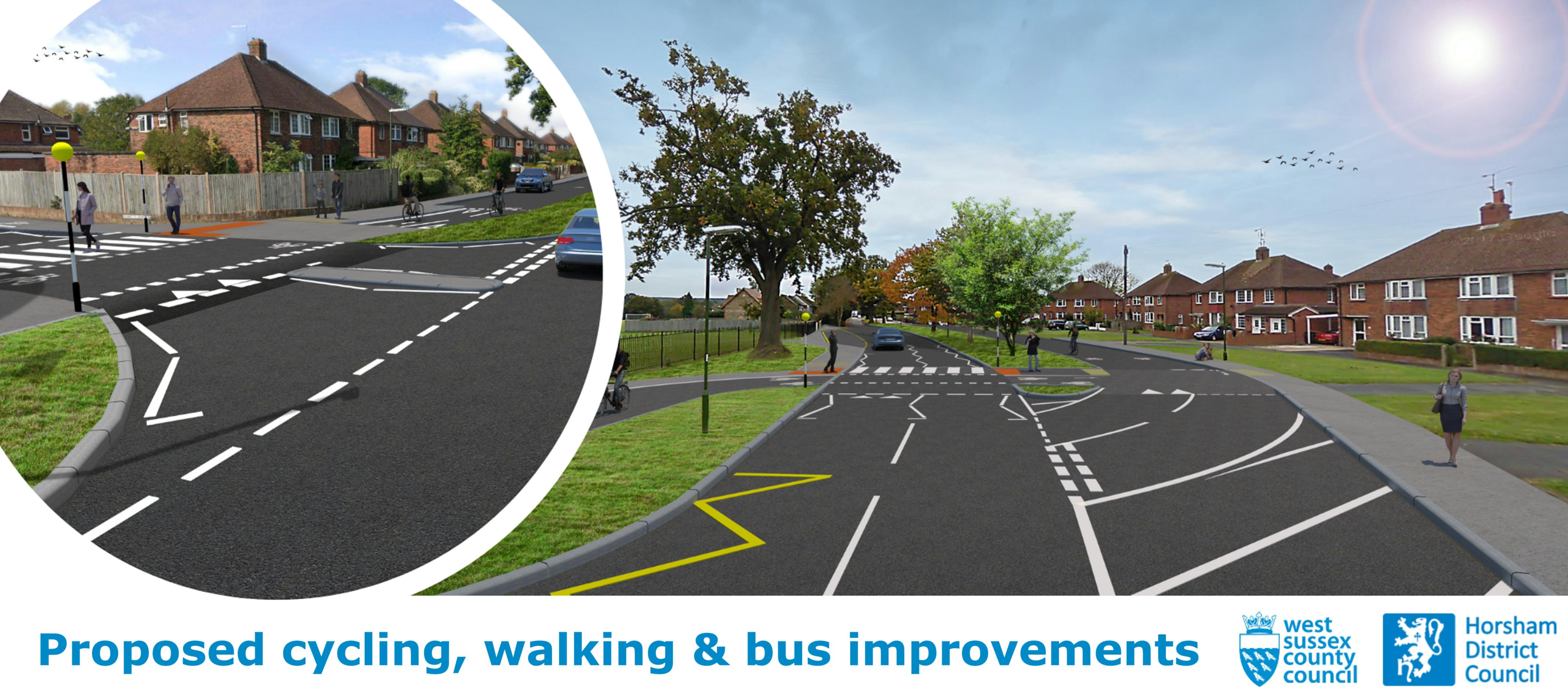 Artists impression of cycling, walking and bus improvements along Comptons Lane and at junction with Bennetts Road.