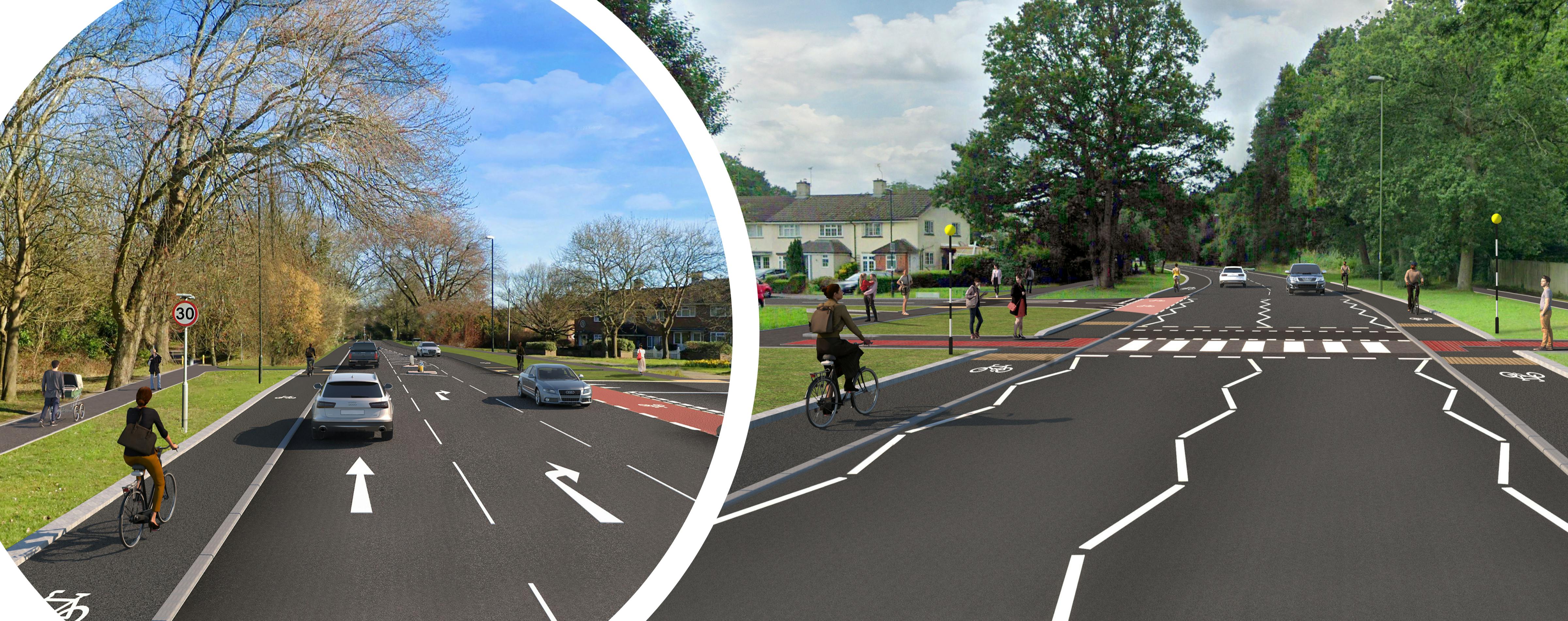 Artists impression of cycling and walking improvements along Northgate Avenue, Crawley.