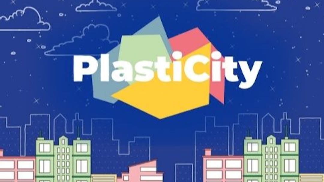 PlastiCity logo on a city background with the Interreg and Southend-on-Sea Borough Council logos below.