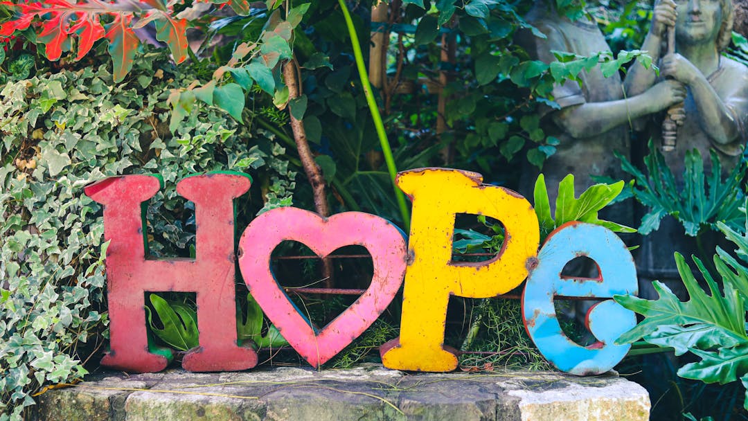 Coloured alphabet letters spelling out hope on a log