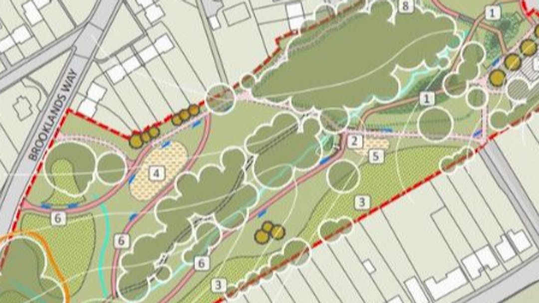 Architects aerial plan/drawing showing proposed improvement options for Brooklands Park. Note this is just a screenshot 