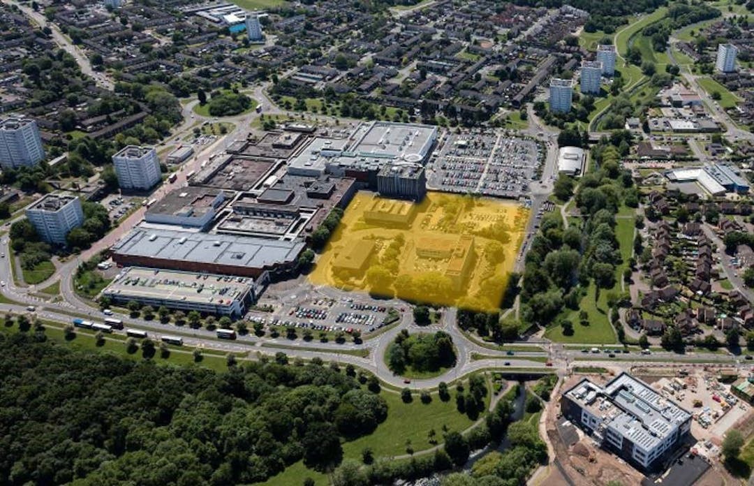 Aerial photograph of Chelmsley Wood town centre with the Northwest quarter highlighted in yellow.