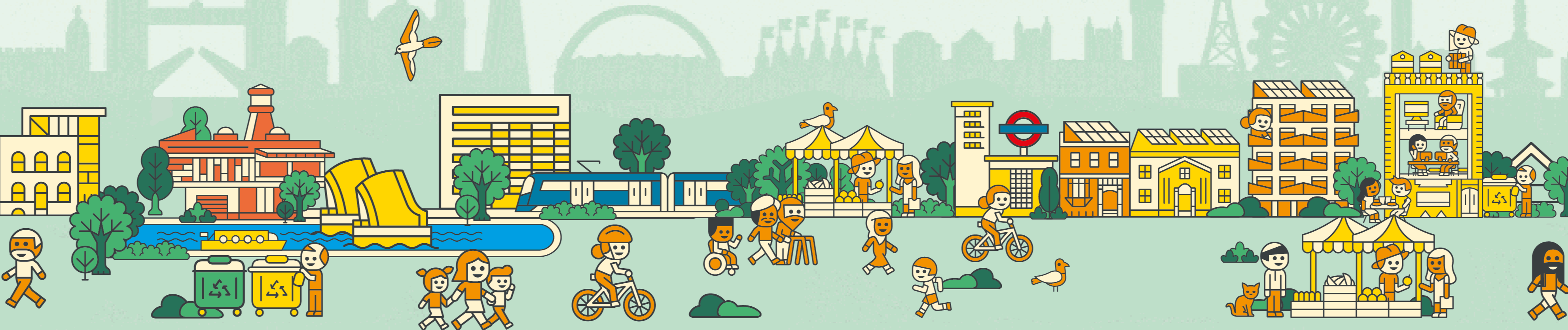 Short cartoon video including London's skyline, buildings and community coming together