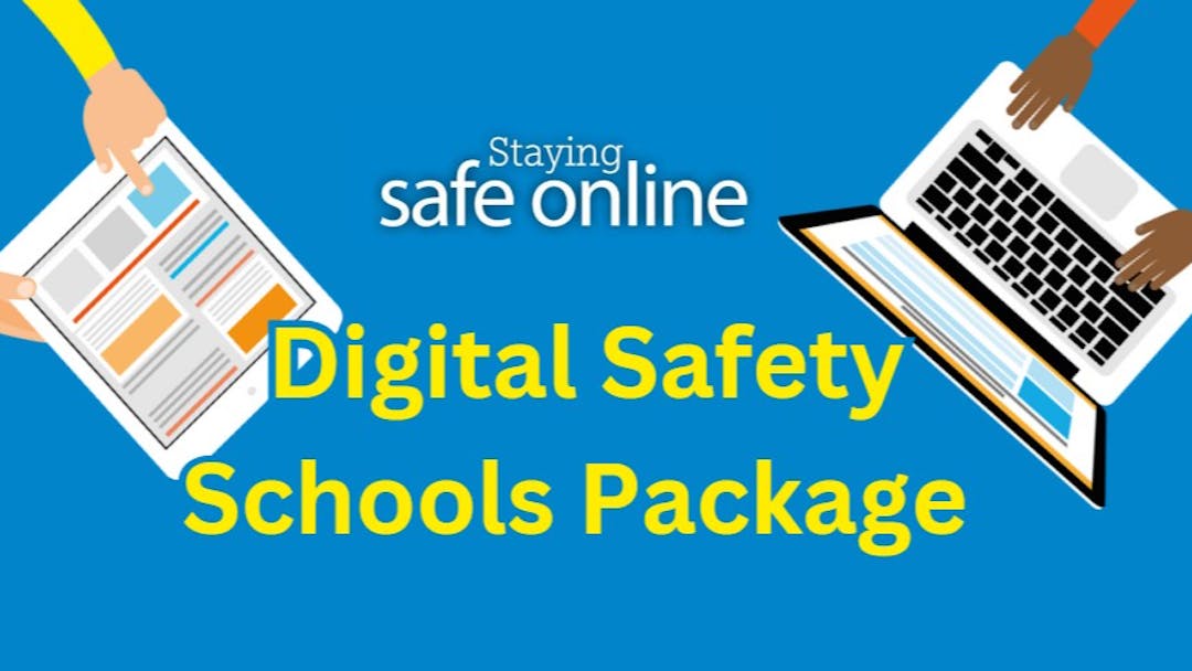 An iPad and laptop with text saying Staying Safe Online Digital Safety Schools Package