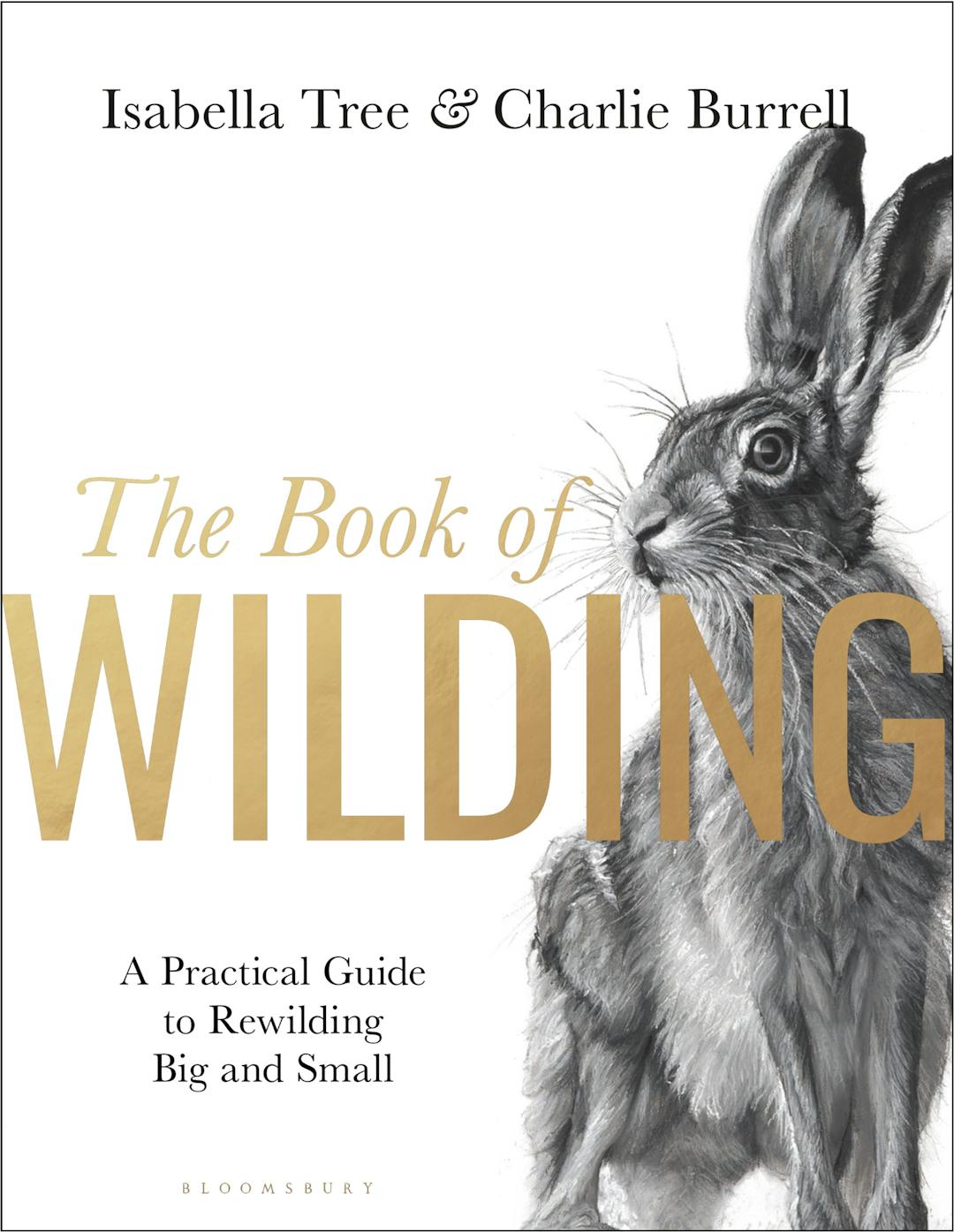 Book cover of "The Book of Wilding" by Isabella Tree comprising a photo of a hare against a plain white background