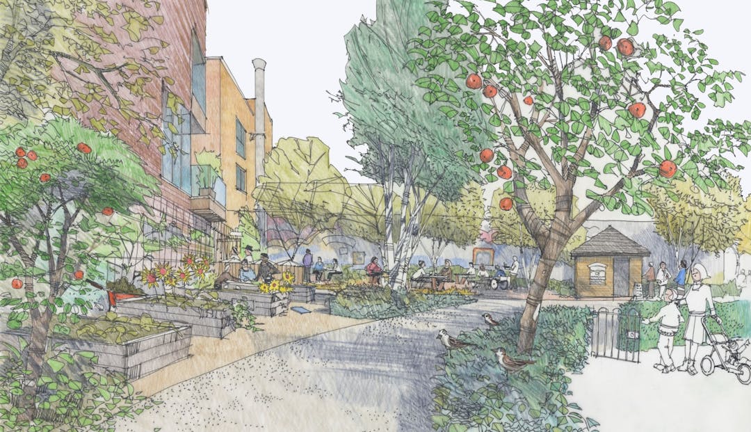 An artist's image of the park, looking from the entrance at Fortune Street, towards the growing area and coffee shop. 
