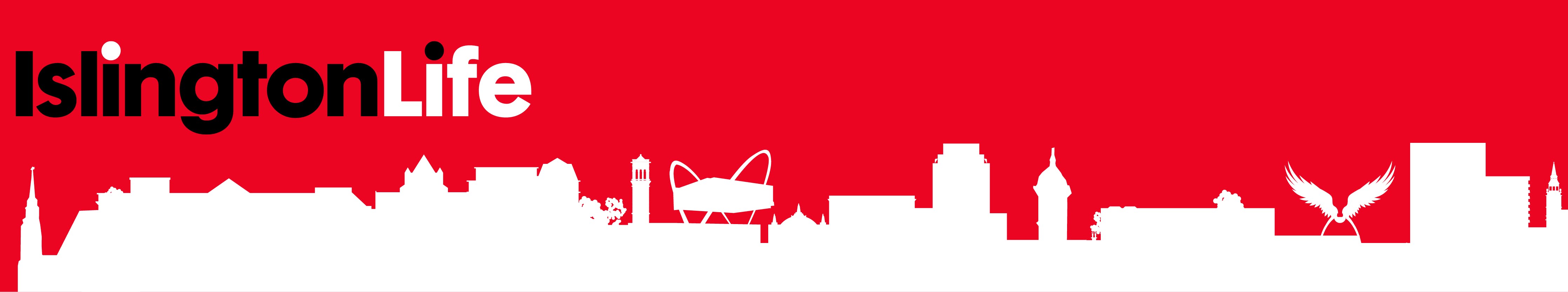 Islingtonlife header banner. A white skyline with key location in Islington on a red background
