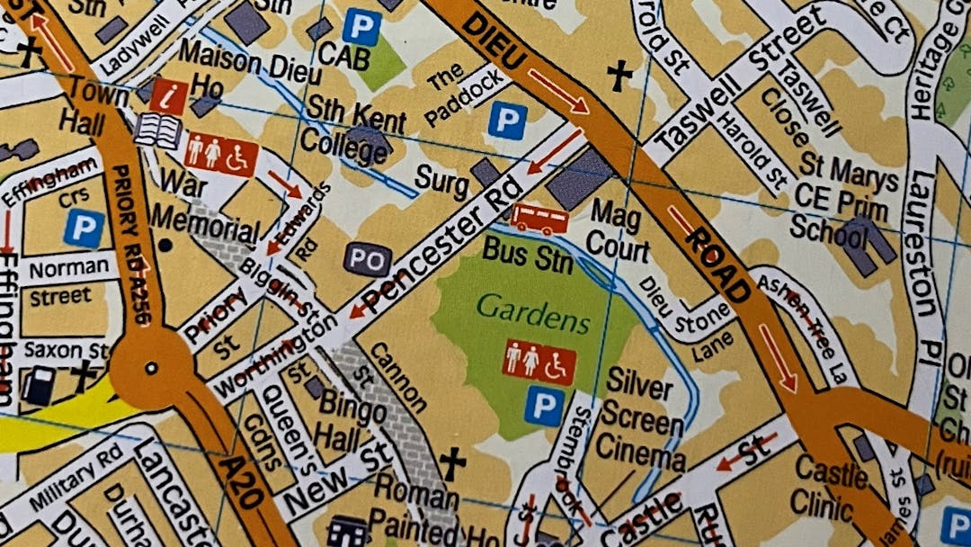 Map of the area showing Pencester Road, Worthington Street and Biggin Street