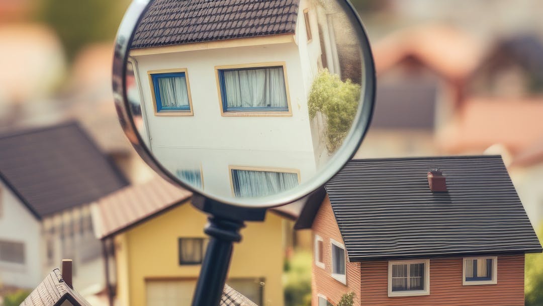 Range of houses, close up of a magnifying glass looking at one of the houses