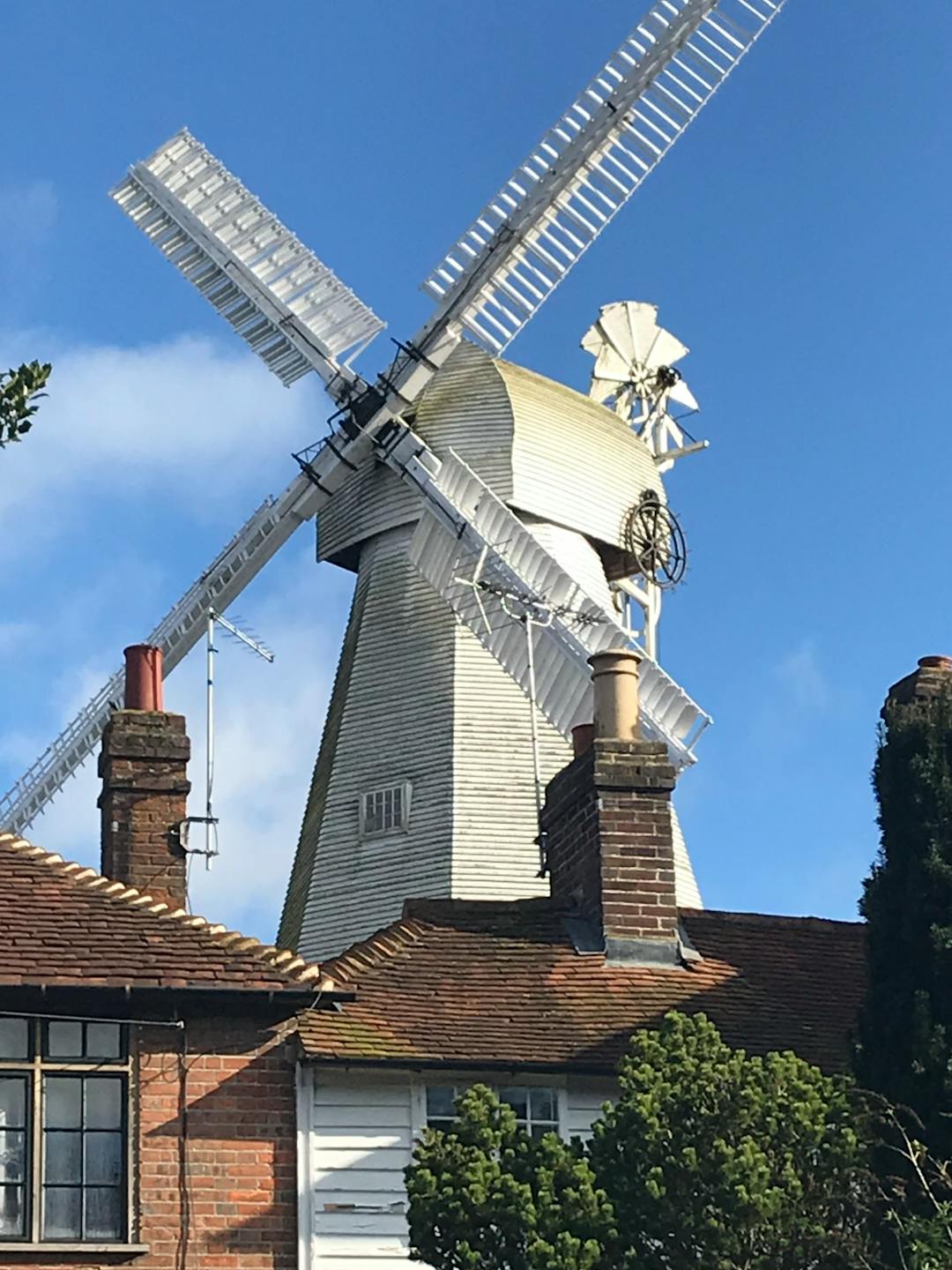 Photo image of white windmill behind two houses. 