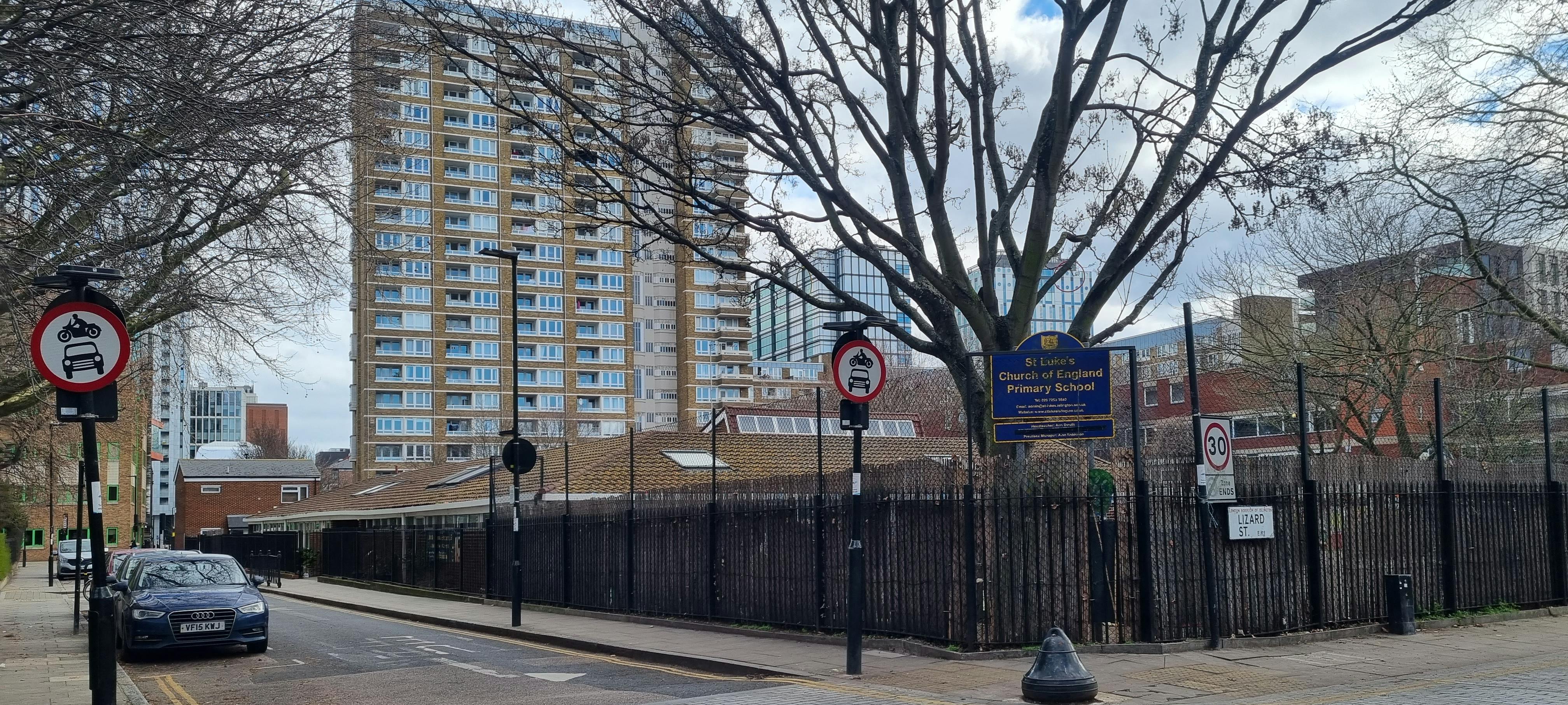 Photography of St Luke's Primary School showing the junction between Lizard Street and Radnor Street