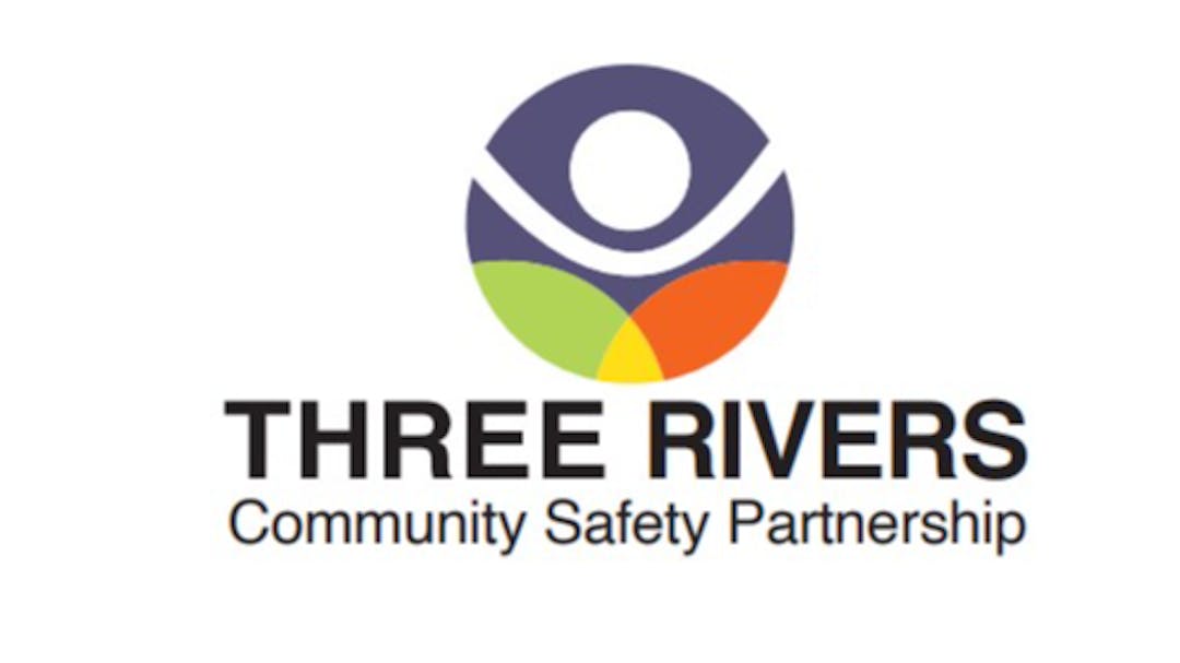 colourful circular logo with the text Three Rivers Community Safety Partnership