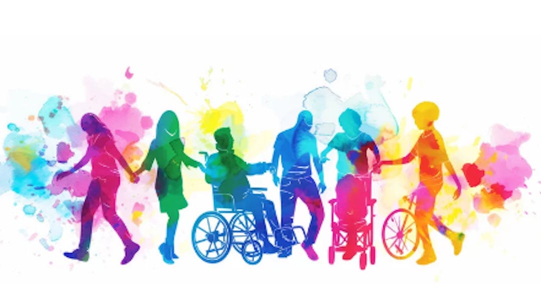 A colourful group of people, differently abled, some walking, some in wheelchairs or with mobility aids