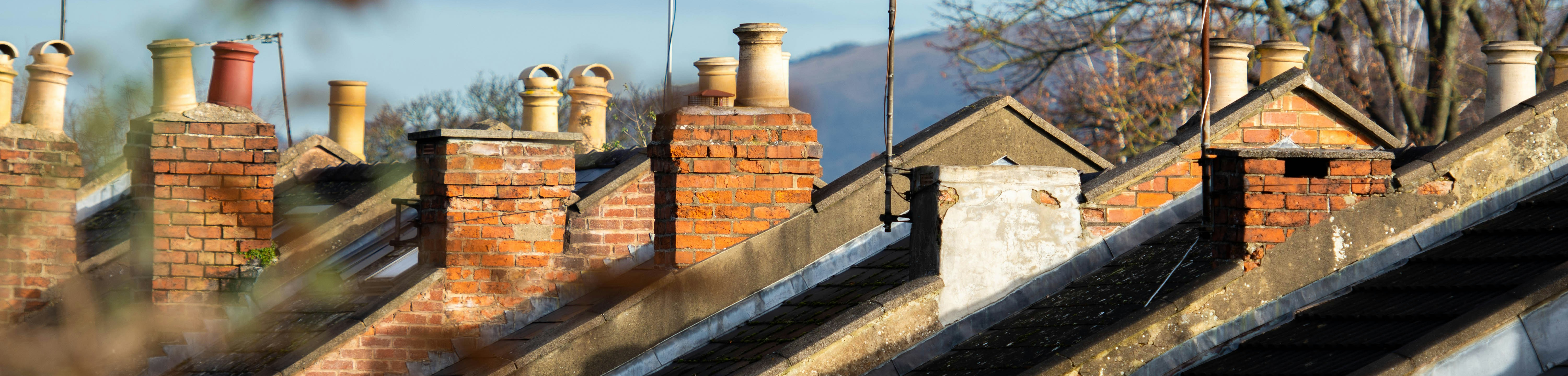 View of roofs and chimneys in the sunshine
