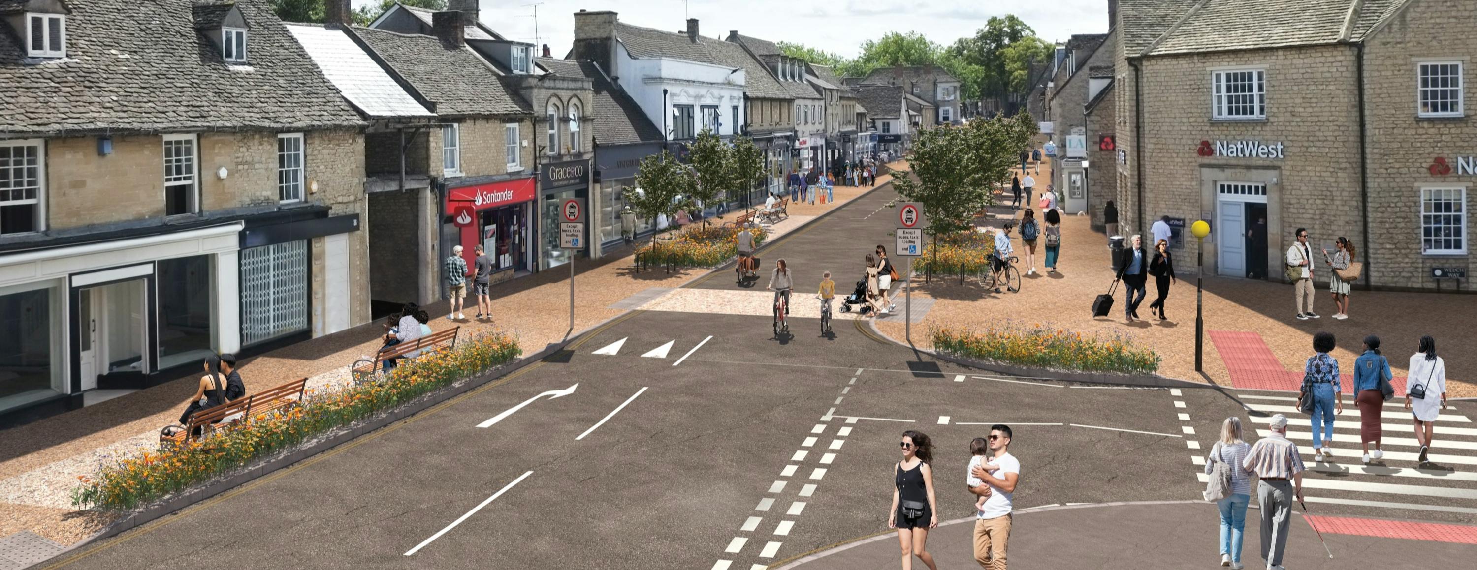 Artist's impression of proposed improvements for Witney High St: with zebra crossing on Welch Way and crossing near NatWest