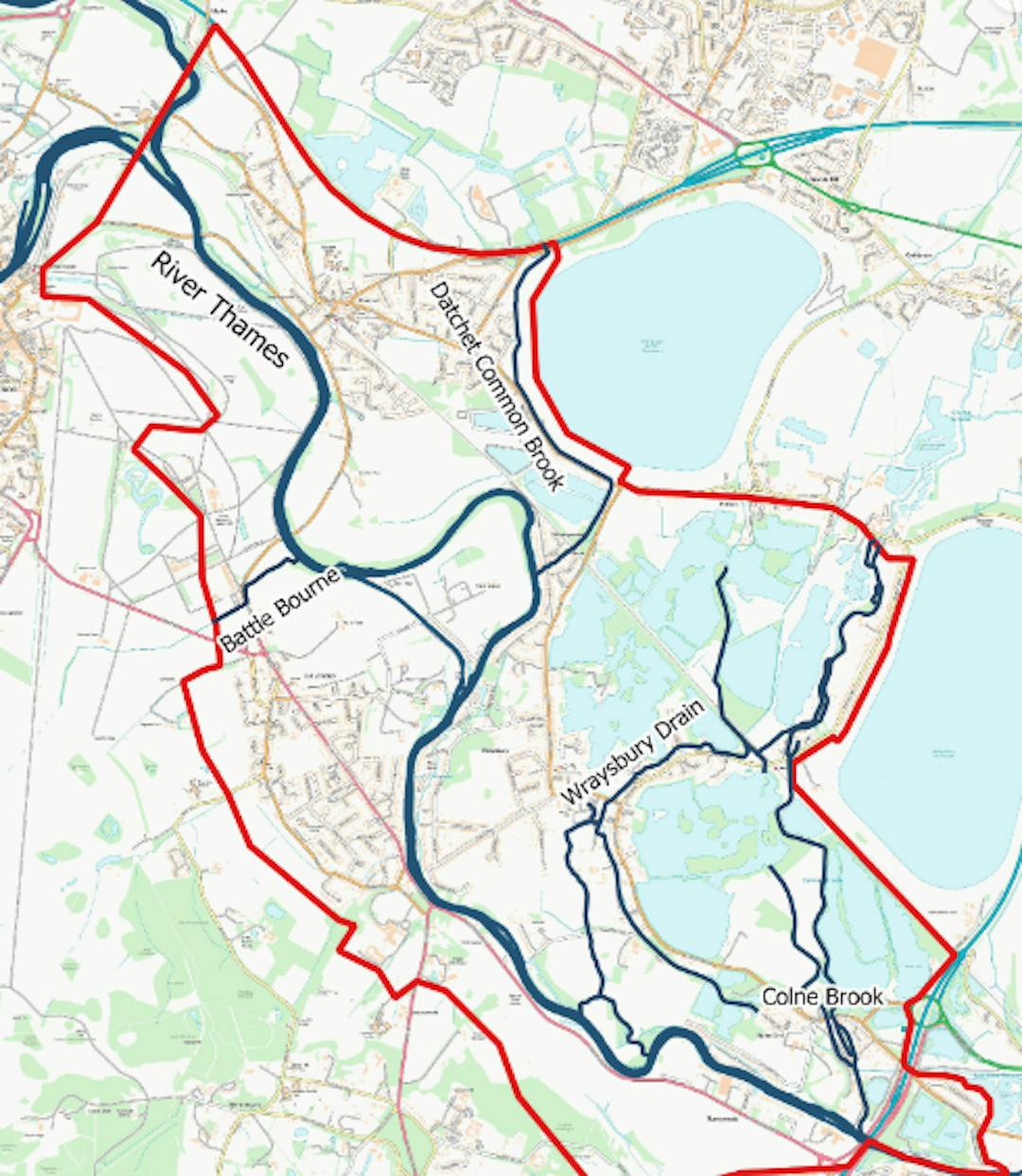 Map showing study area the River Thames and surrounding area including Datchet, Horton, Wraysbury and Old Windsor 