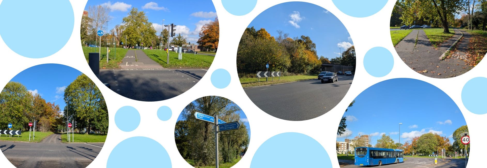 Decorative banner showing transport related pictures from around Hazelwick and Tushmore junctions.