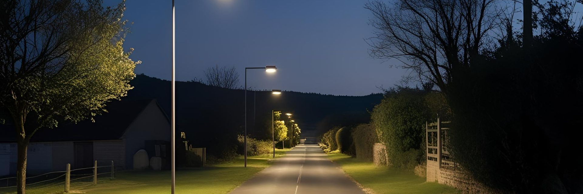 A rural road at night with street lights 