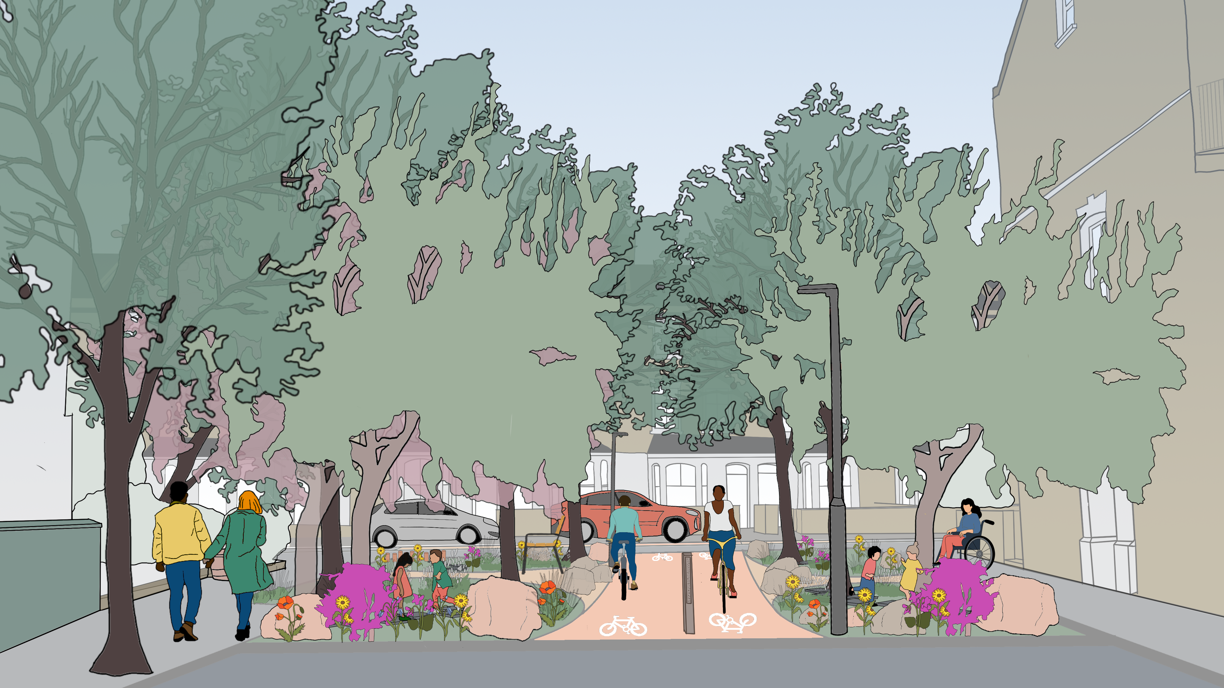 Artist visualisation of the Annette Road orchard with new raingardens either side of a central cycle space