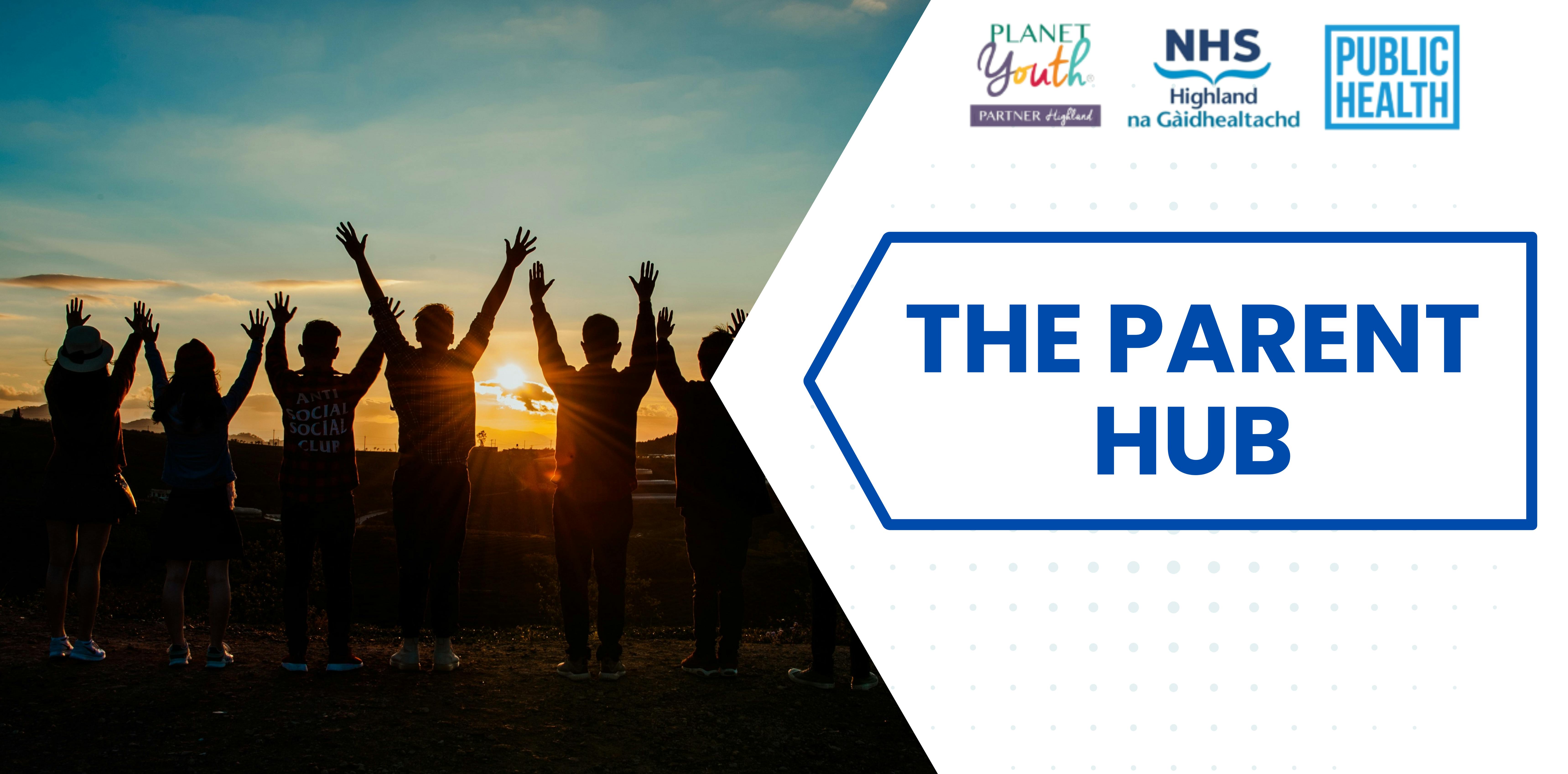 Teenagers standing with their backs facing us, arms in the air as the sun sets in front of them