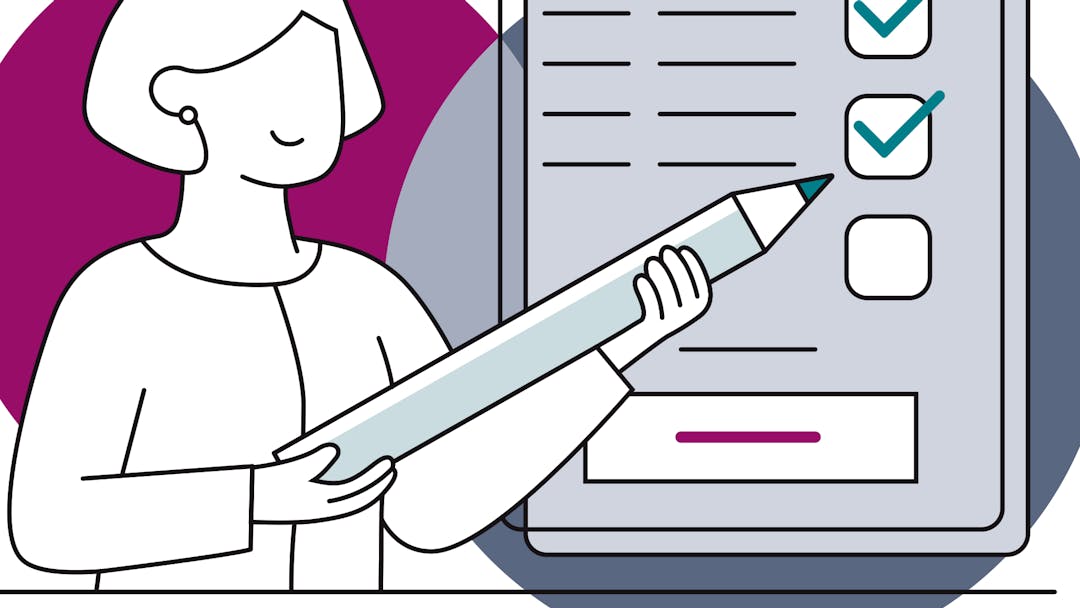 A person with a large pen putting ticks on a survey form