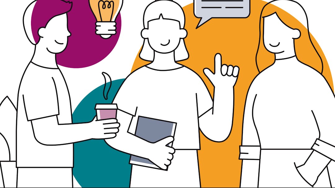 A drawing of three people having a conversation