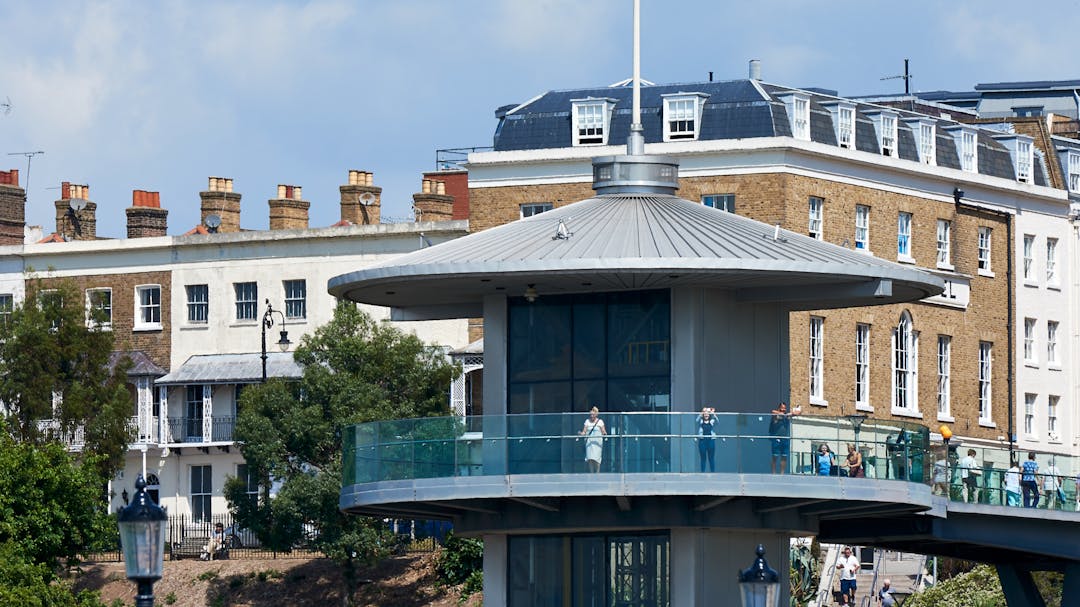 View of buildings in Royal Terrace in the background with the lift in the foreground. 