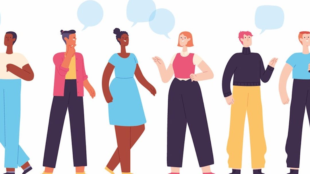 Images shows a line of people talking to each other