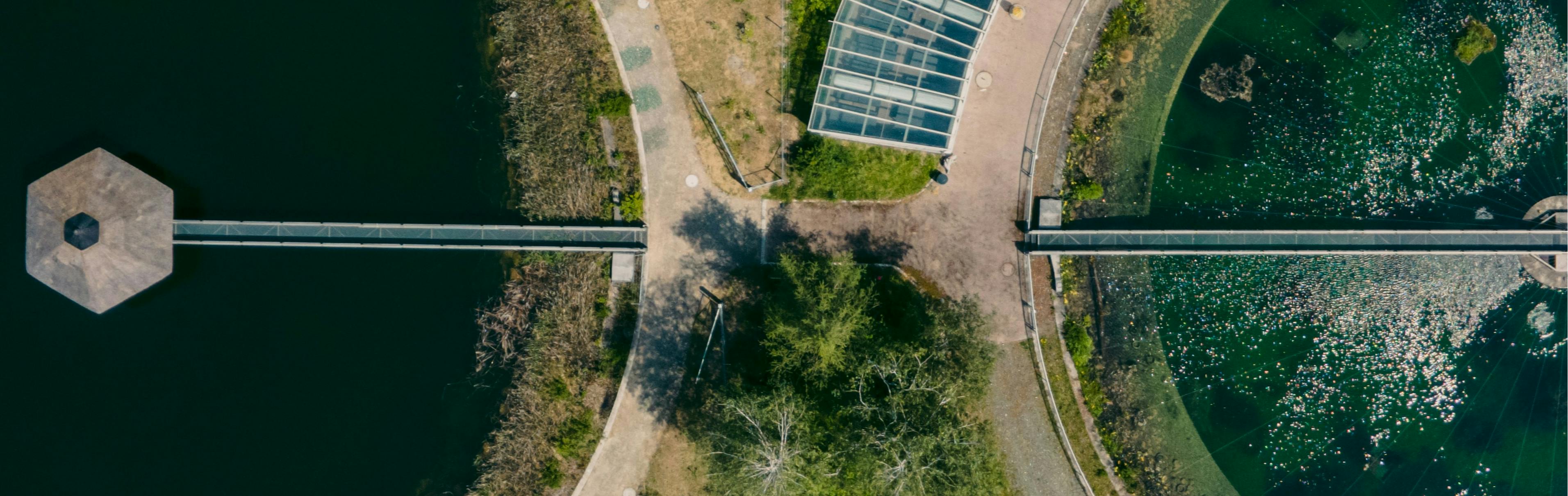 Aerial view of a sewage treatment works.