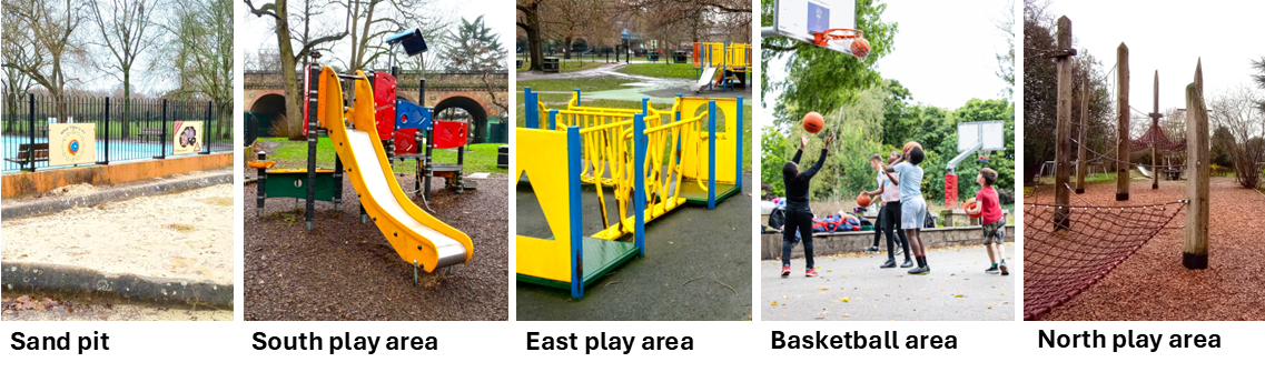Five photographs of play areas in Ravenscourt park