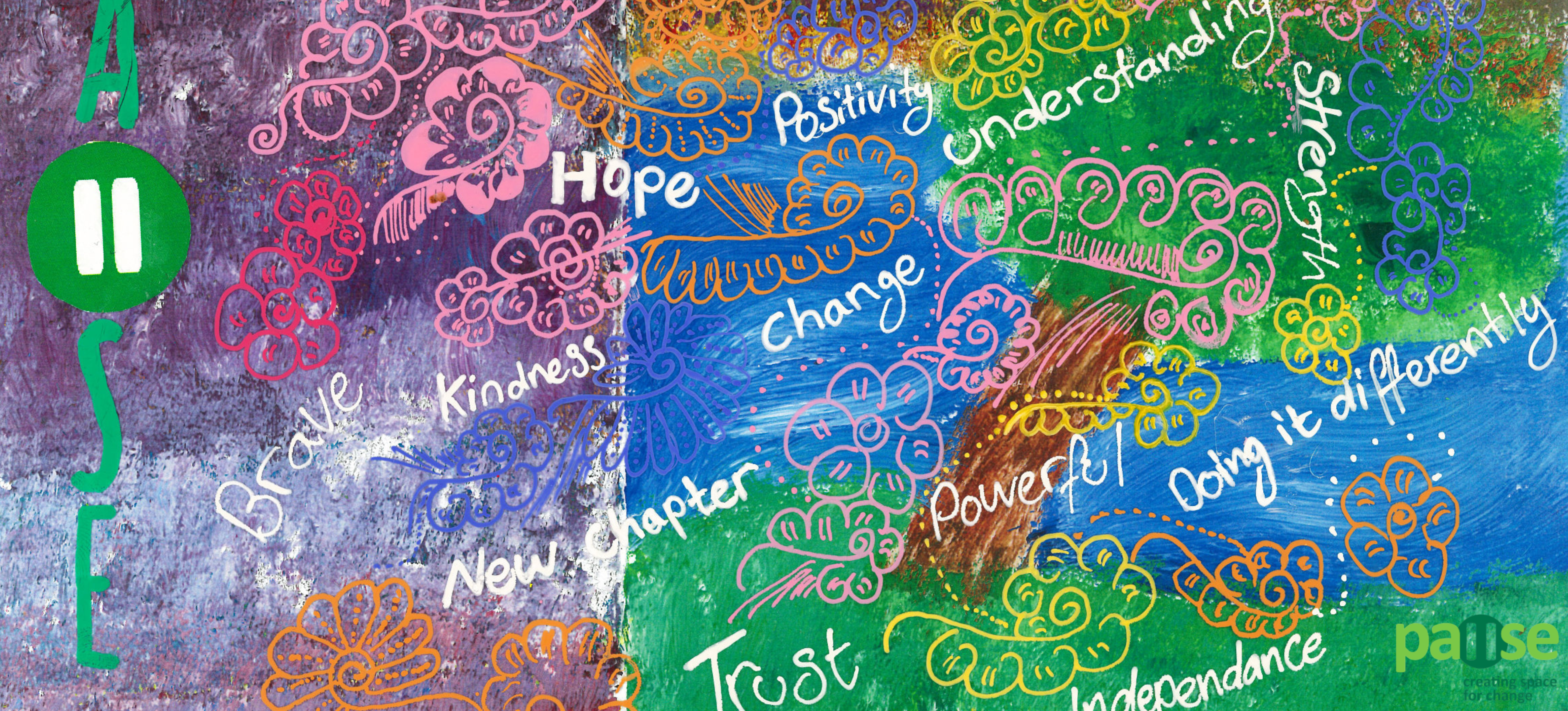 Pause multi coloured banner with motivational words