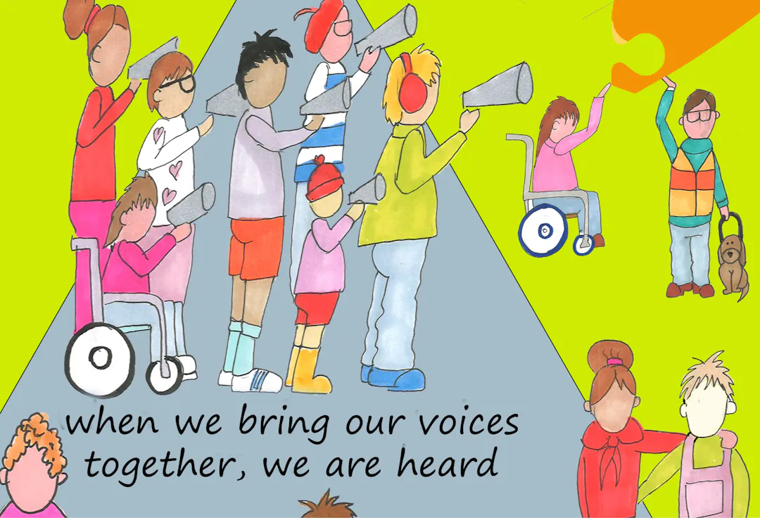 A group of people holding megaphones with a strap line: when we bring our voices together, we are heard